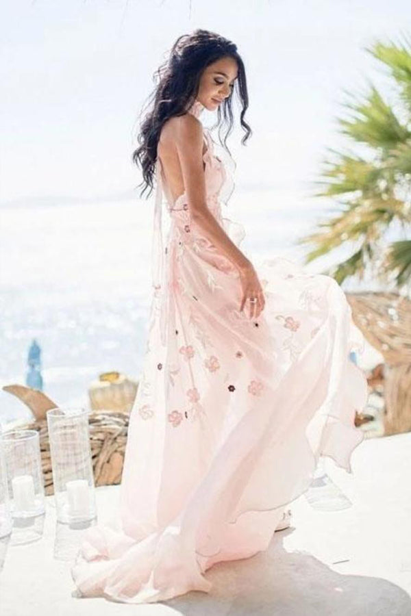 Halter Neckline Backless Pink Beach Wedding Dress With Appliques-Pgmdress