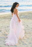 Halter Neckline Backless Pink Beach Wedding Dress With Appliques-Pgmdress