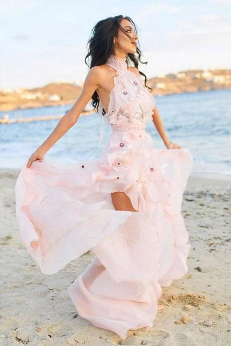 Halter Neckline Backless Pink Beach Wedding Dress With Appliques-Pgmdress