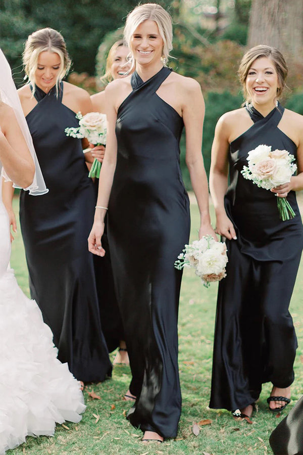 Halter Neckline Cutout Back Long Black Bridesmaid Dress BD120-Pgmdress