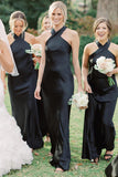 Halter Neckline Cutout Back Long Black Bridesmaid Dress BD120-Pgmdress