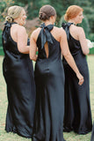 Halter Neckline Cutout Back Long Black Bridesmaid Dress BD120-Pgmdress
