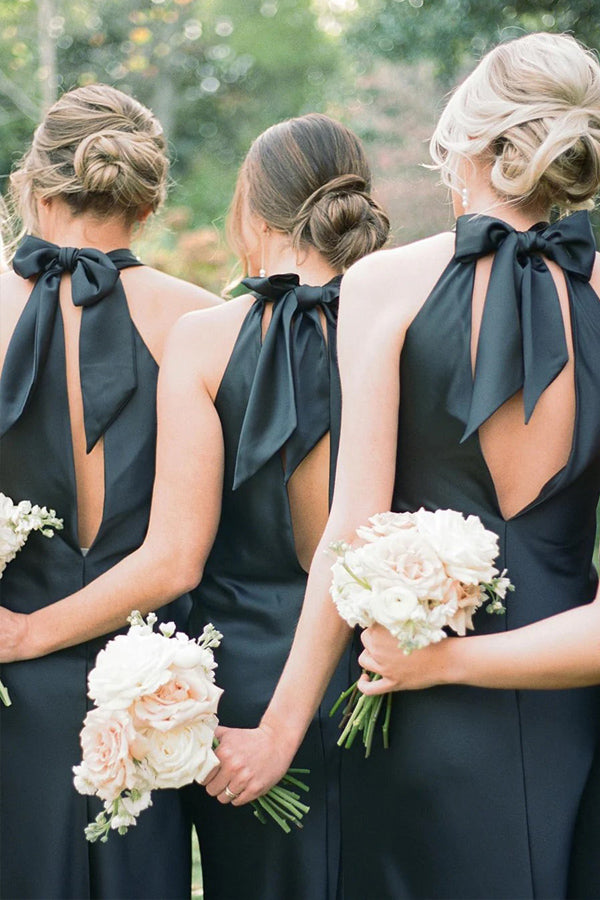 Halter Neckline Cutout Back Long Black Bridesmaid Dress BD120-Pgmdress