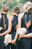 Halter Neckline Cutout Back Long Black Bridesmaid Dress BD120-Pgmdress
