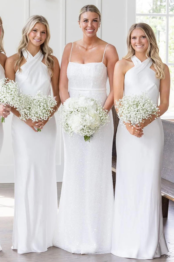 Halter Neckline Cutout Back Long White Bridesmaid Dress BD120 US0 / White Halter Neckline Cutout Back Long White Bridesmaid Dress BD120 US0 / White