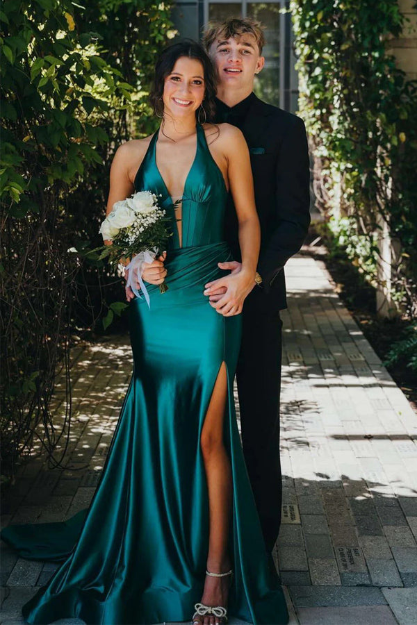 Halter V-Neck Mermaid Sleeveless Green Prom Dress with Train PSK630-Pgmdress