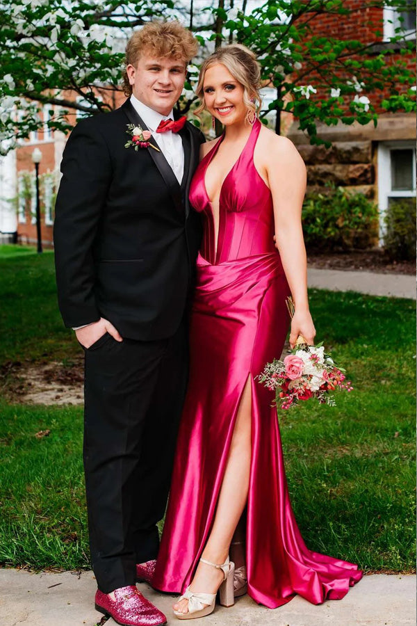 Halter V-Neck Mermaid Sleeveless Green Prom Dress with Train PSK630-Pgmdress