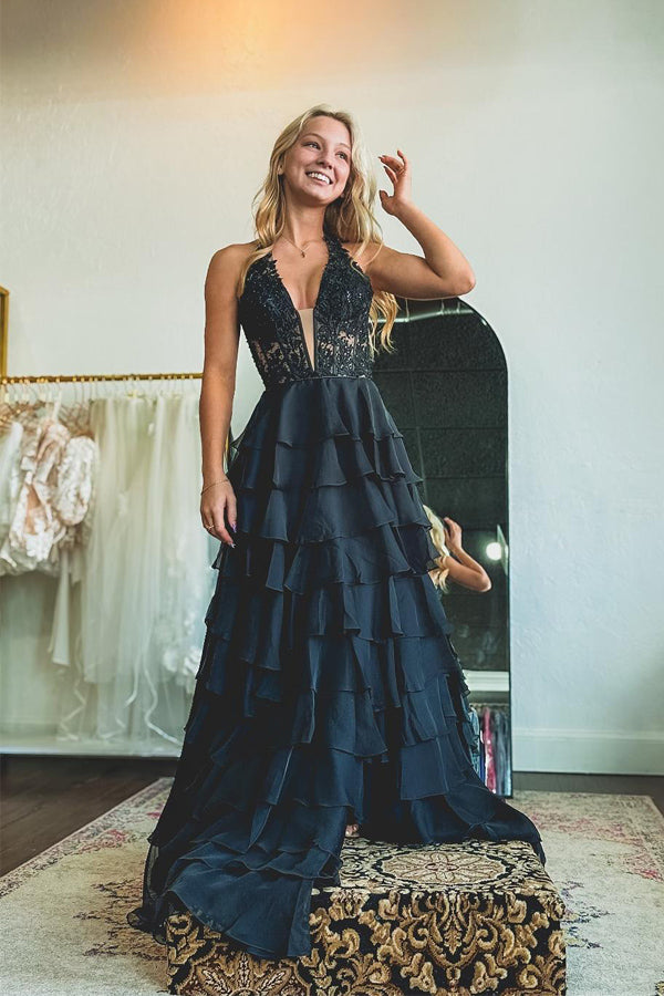 Halter Light Blue Lace Appliques Chiffon Ruffle Prom Dress PSK696-Pgmdress