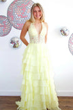 Halter Light Blue Lace Appliques Chiffon Ruffle Prom Dress PSK696-Pgmdress