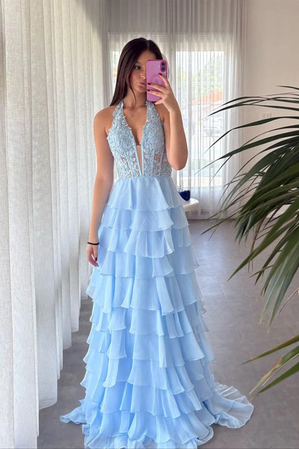 Halter Light Blue Lace Appliques Chiffon Ruffle Prom Dress PSK696 US4 / Light Blue Halter Light Blue Lace Appliques Chiffon Ruffle Prom Dress PSK696 US4 / Light Blue
