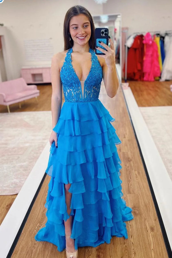 Halter Light Blue Lace Appliques Chiffon Ruffle Prom Dress PSK696 US12 / Blue Halter Light Blue Lace Appliques Chiffon Ruffle Prom Dress PSK696 US12 / Blue