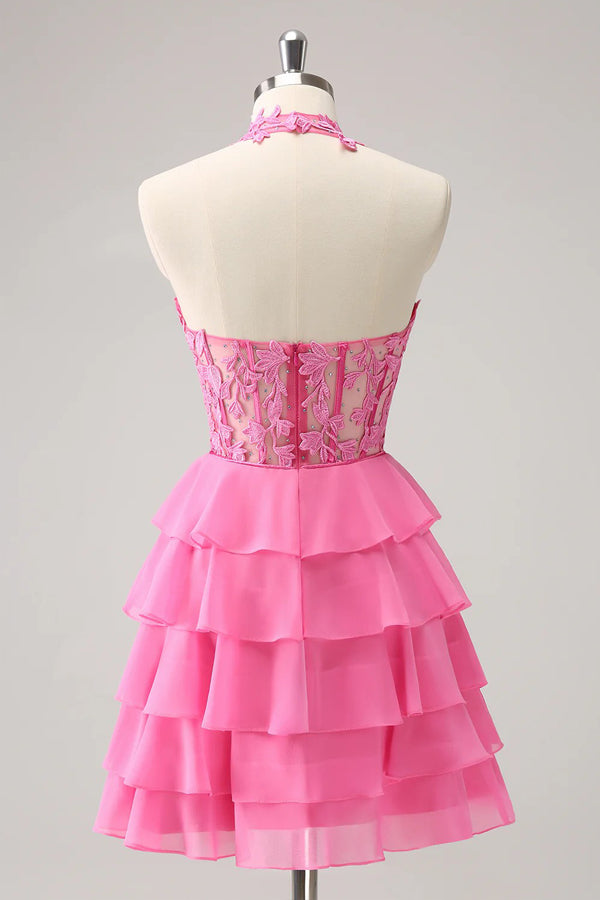 Hot Pink A Line Strapless Tiered Corset Cute Homecoming Dress PD551-Pgmdress