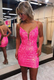 Hot Pink Lace Up Tight Glitter Homecoming Dress Short Prom Dress PD523-Pgmdress