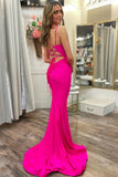 Hot Pink Scoop Neck Lace-Up Trumpet Long Prom Dress PSK479-Pgmdress