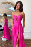 Strapless Keyhole Pleated A-Line Hot Pink Long Prom Dress PSK481-Pgmdress
