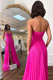 Strapless Keyhole Pleated A-Line Hot Pink Long Prom Dress PSK481-Pgmdress
