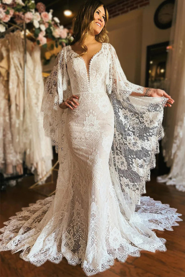 Ivory Batwing Sleeves Plunge Neck Mermaid Boho Wedding Dress WD740-Pgmdress