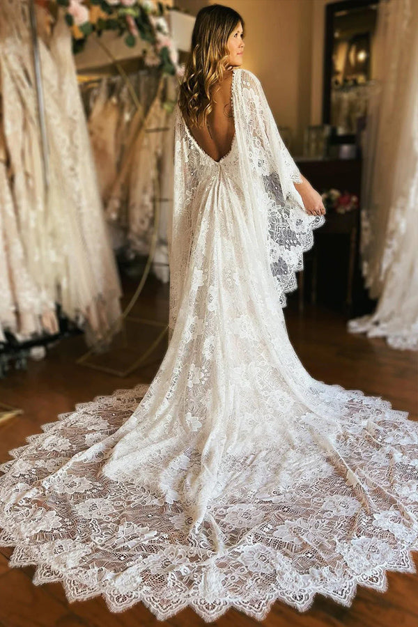 Ivory Batwing Sleeves Plunge Neck Mermaid Boho Wedding Dress WD740-Pgmdress