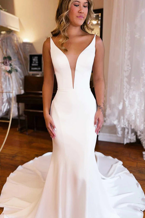 Ivory Floral Trumpet Wedding Dress with Detachable Sleeves WD724-Pgmdress