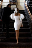 Ivory Puff Sleeves Short Wedding Dress Vintange Wedding Dress WD746-Pgmdress