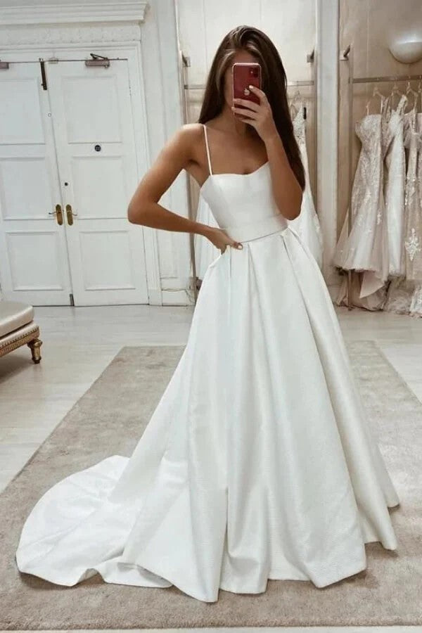 Ivory Spaghetti Straps Simple Wedding Dress With Sweep Train WD762 US16 / Custom Color