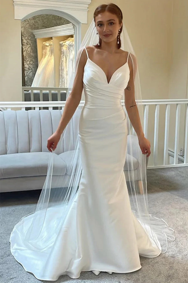 backless trumpet dress White Lace Plunge V Backless Trumpet Long Wedding Dress