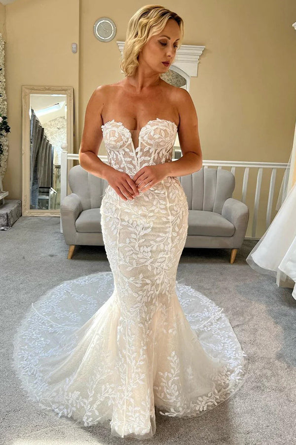knee length dresses for ladies Ivory Lace Strapless Mermaid Wedding Dress Lace Bridal Gown WD707 US8 / Custom Color