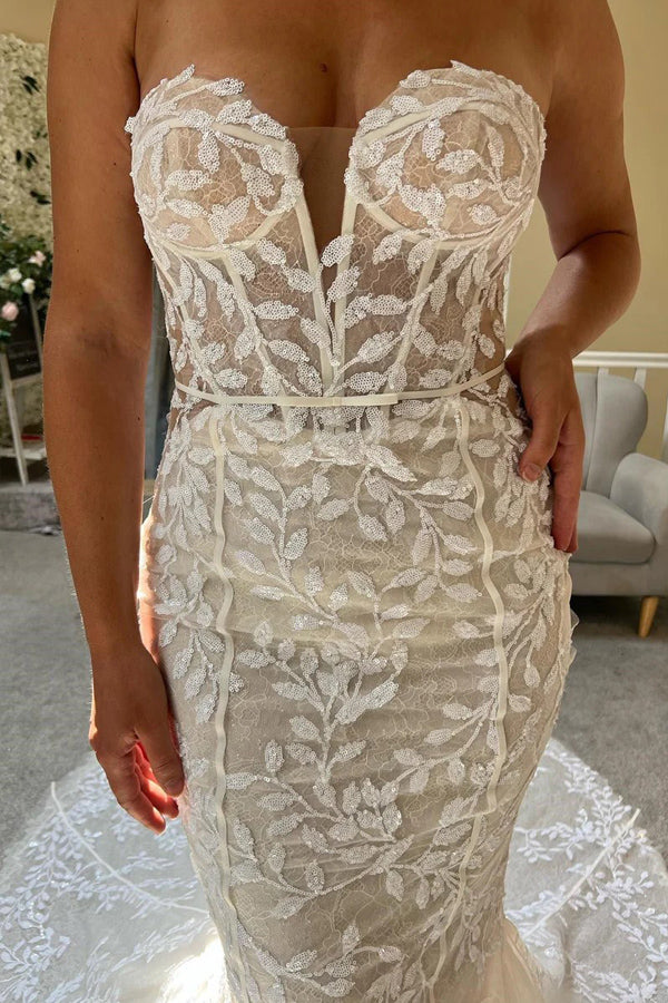 Ivory Lace Strapless Mermaid Wedding Dress Lace Bridal Gown WD707-Pgmdress