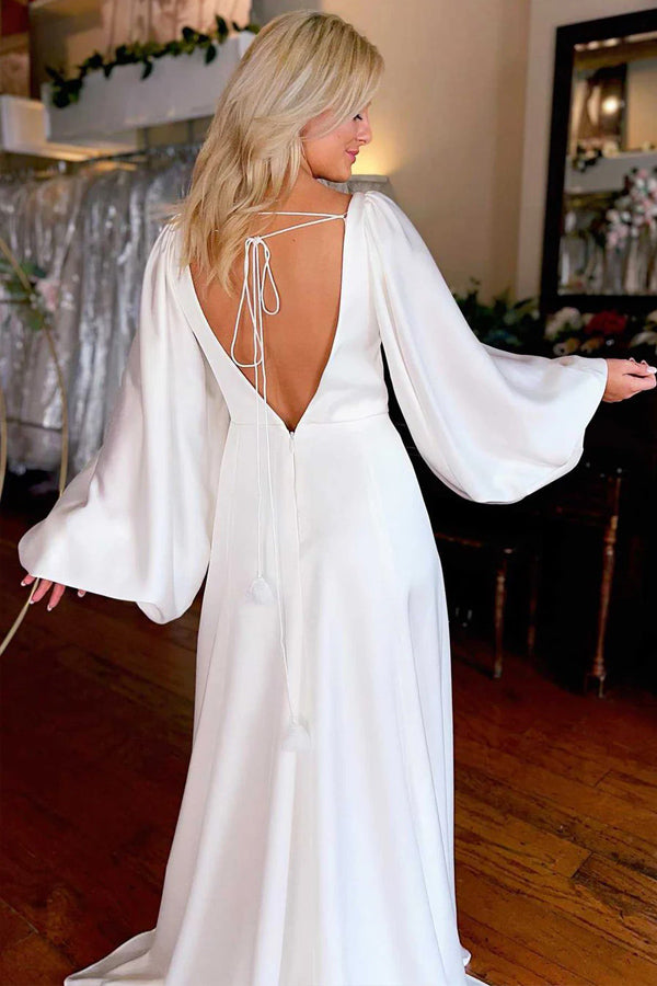 Ivory V-Neck Long Sleeve Wedding Dresses Simple Wedding Dresses WD721-Pgmdress