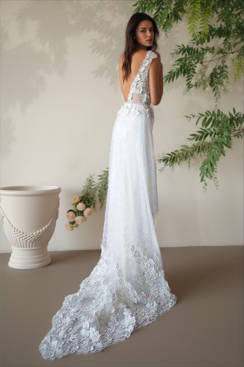 Elfenbeinfarbenes, durchsichtiges Brautkleid mit Flügelärmeln und Strandbrautkleid WD332