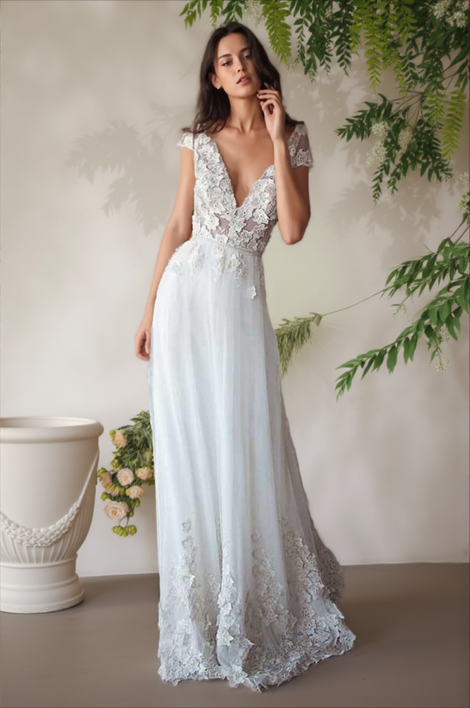 Elfenbeinfarbenes, durchsichtiges Brautkleid mit Flügelärmeln und Strandbrautkleid WD332