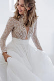 Lace Beading A-Line Tulle Long Sleeves Wedding Dress WD777-Pgmdress