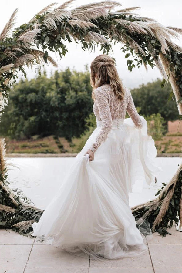 Lace Beading A-Line Tulle Long Sleeves Wedding Dress WD777-Pgmdress