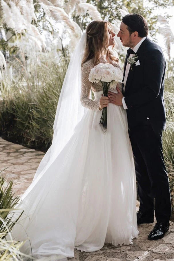 Lace Beading A-Line Tulle Long Sleeves Wedding Dress WD777-Pgmdress