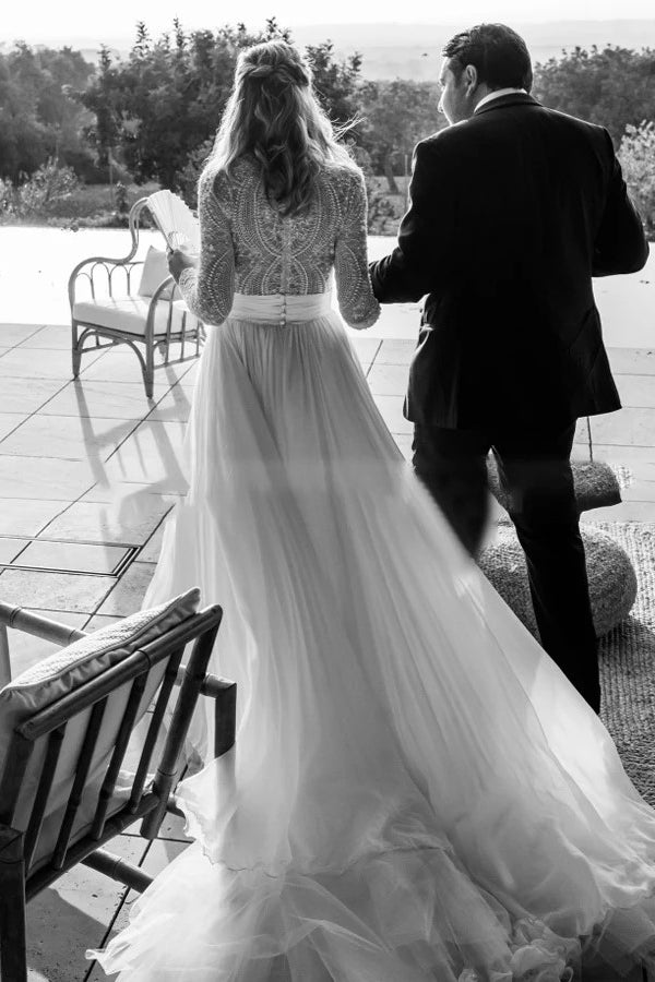 Lace Beading A-Line Tulle Long Sleeves Wedding Dress WD777-Pgmdress
