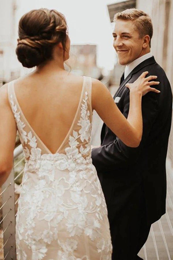 Lace Deep V-neck Bohiman Wedding Dress Mermaid Bridal Gown WD748-Pgmdress