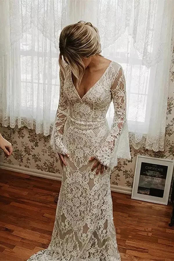 Lace Mermaid V-neck Long Sleeves Bohemian Wedding Dress WD652