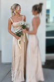 Lace Up A-Line Champagne Bridesmaid Dress with Slit BD122-Pgmdress