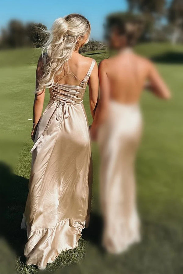 Lace Up A-Line Champagne Bridesmaid Dress with Slit BD122-Pgmdress