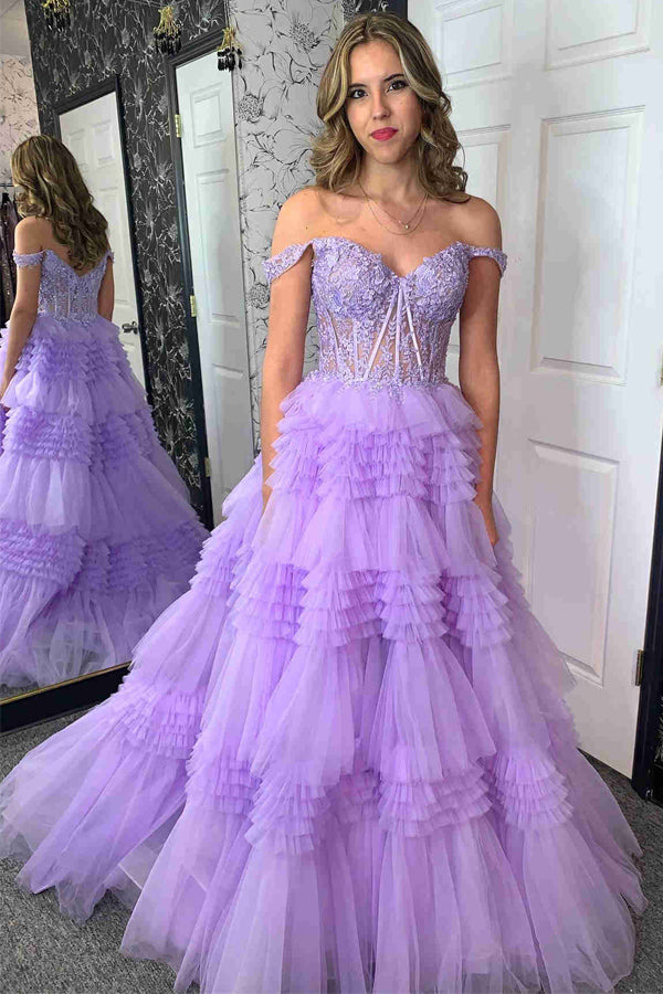 Lavender Off the Shoulder Sweetheart Lace Corset Ruffle Prom Dress