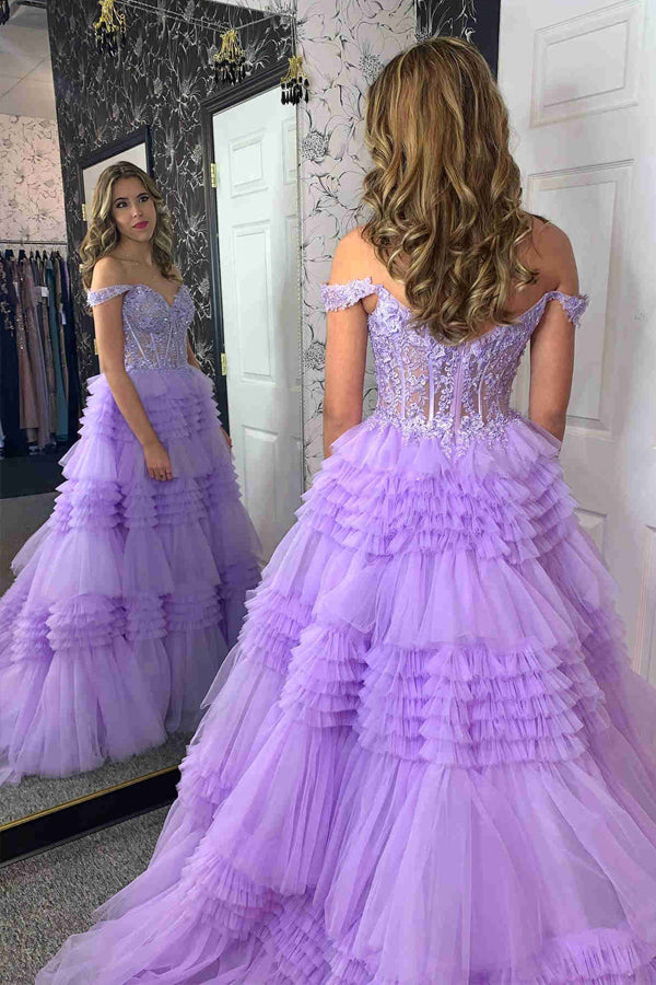 Robe de bal lavande à épaules dénudées et à volants en dentelle avec corset en cœur PSK471