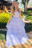 Robe de bal longue lavande en tulle et sequins à volants et volants PSK543