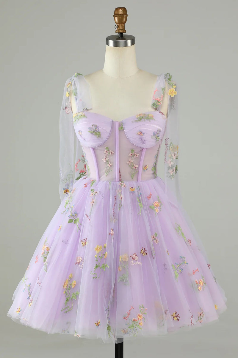 Lavender Tulle Short Prom Dress Homecoming Dress with Embroidery-Pgmdress