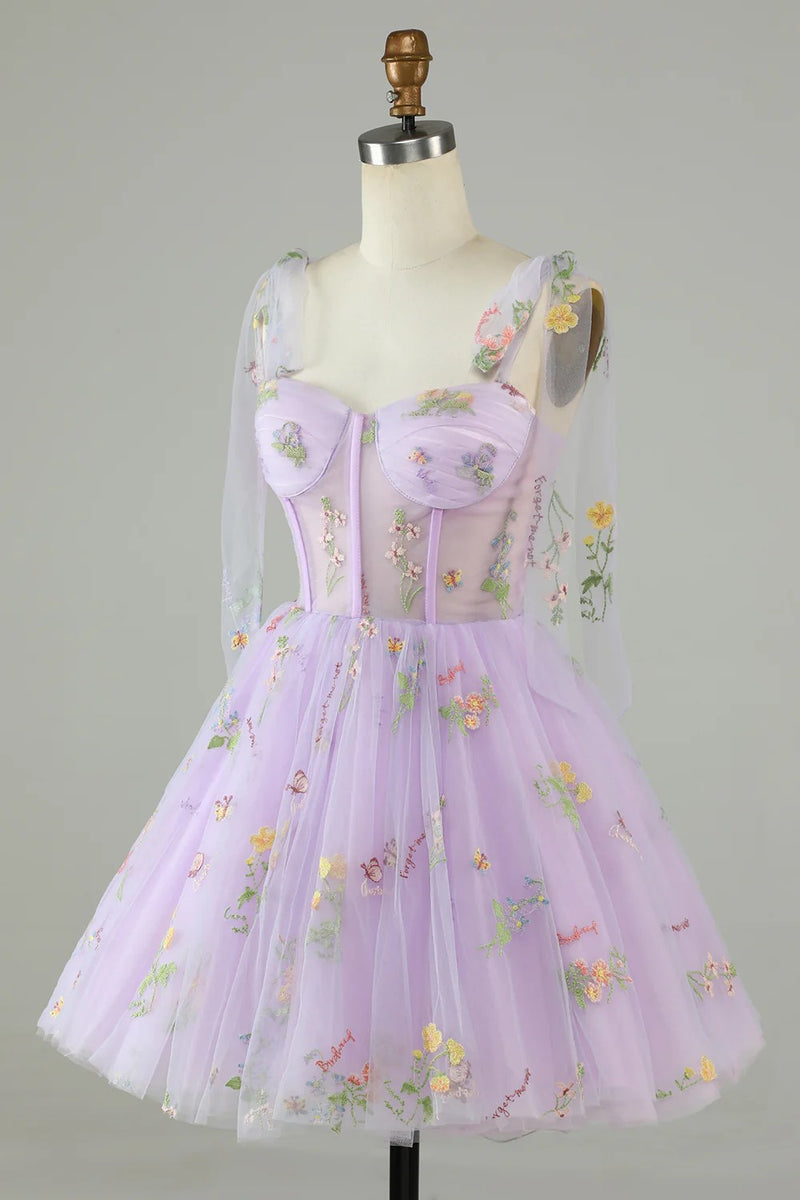 Lavender Tulle Short Prom Dress Homecoming Dress with Embroidery-Pgmdress