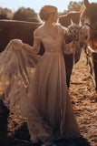 Light Brown Long Sleeve Boho Wedding Dress Rustic Wedding Dress WD741-Pgmdress