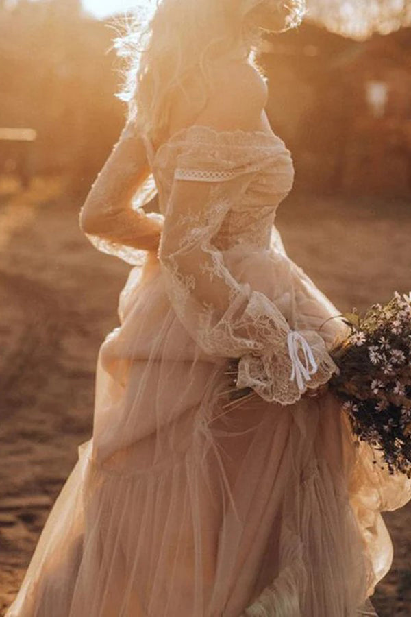 Light Brown Long Sleeve Boho Wedding Dress Rustic Wedding Dress WD741-Pgmdress