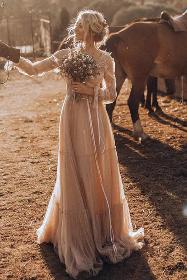 light brown dresses Light Brown Tulle A-line Long Sleeves Boho Rustic Wedding Dresses, MW1041 main image 1