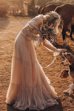 Light Brown Long Sleeve Boho Wedding Dress Rustic Wedding Dress WD741-Pgmdress