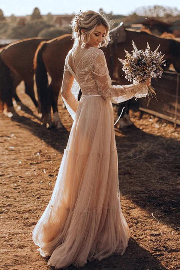 Light Brown Long Sleeve Boho Wedding Dress Rustic Wedding Dress WD741-Pgmdress