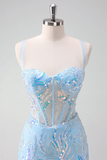 Light Blue Sequined Embroidery Tight Corset Homecoming Dress PD562